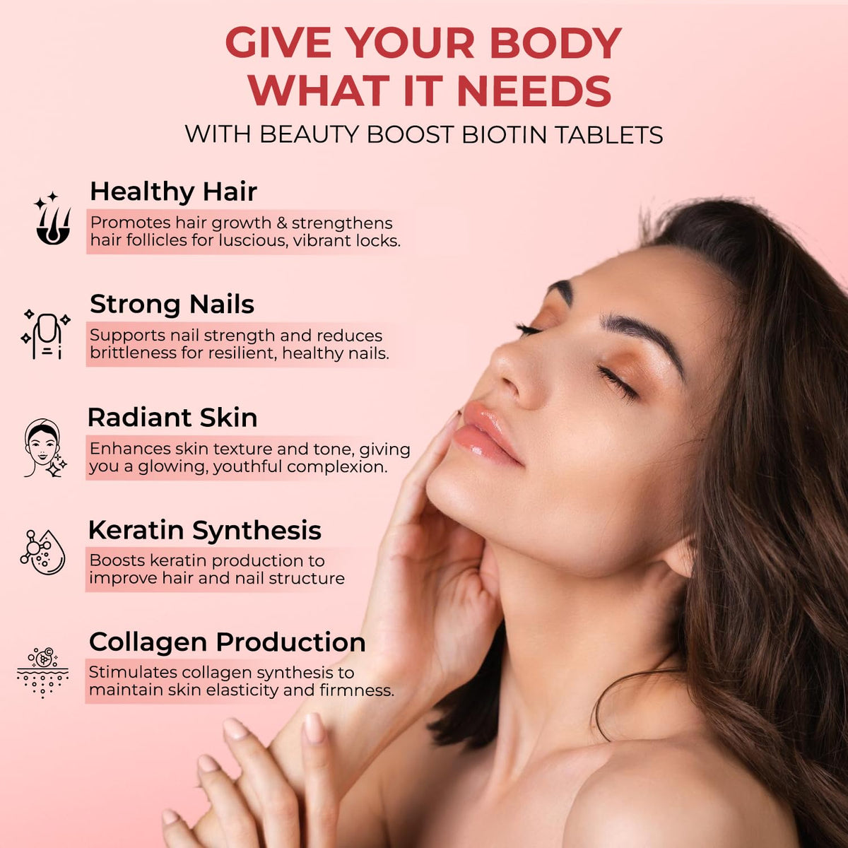 Advertisement for Beauty Boost Biotin Tablets with a woman's face and text on a pink background