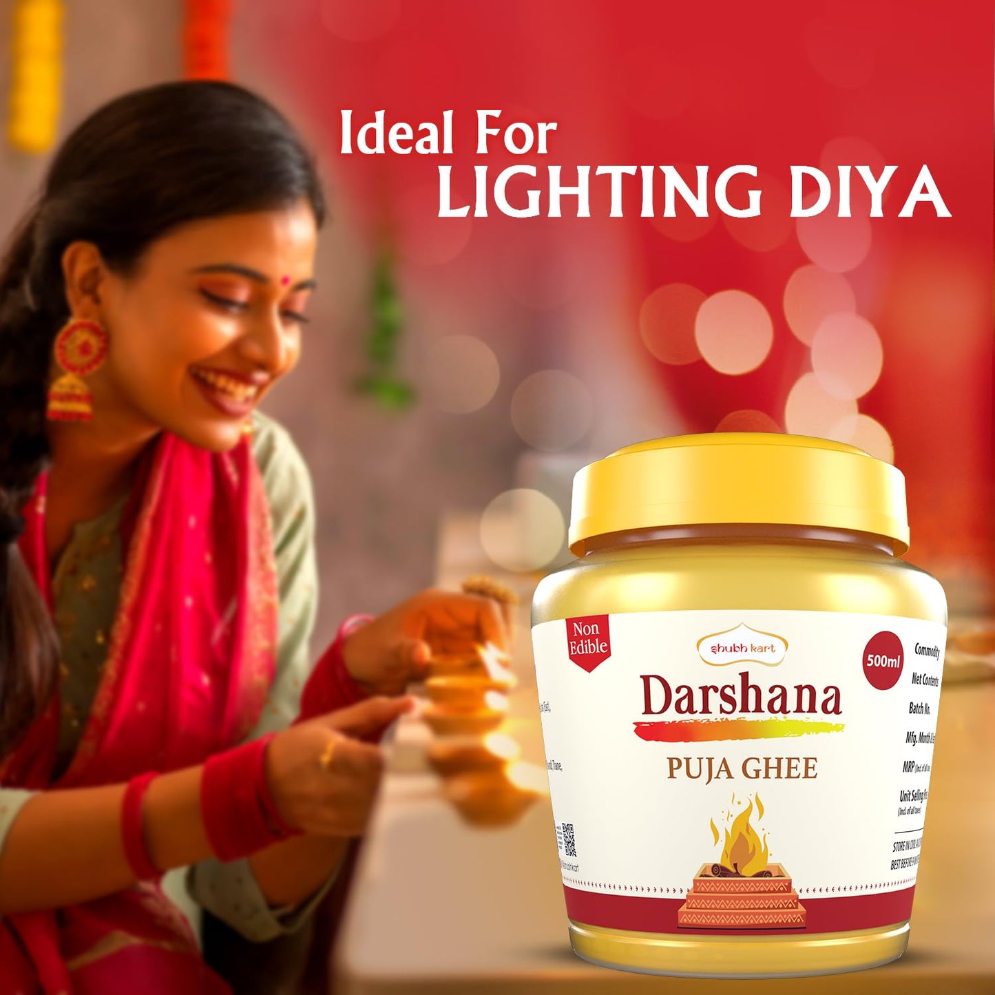 Shubhkart Darshana Puja Ghee - 500 ml for Daily Puja, Festivals| Puja Deepam Oil (Ghee for Pooja) Puja Ghee for Diya or lamp and Wicks or Batti | Rich in Aroma | Non-Edible