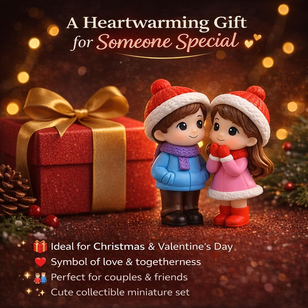 Resin Winter Couple Miniature Figurines (2 Pcs) – Handcrafted Romantic Winter Decor | Cute Christmas & Valentine Gift | Mini Tabletop, Shelf & Car Dashboard Display