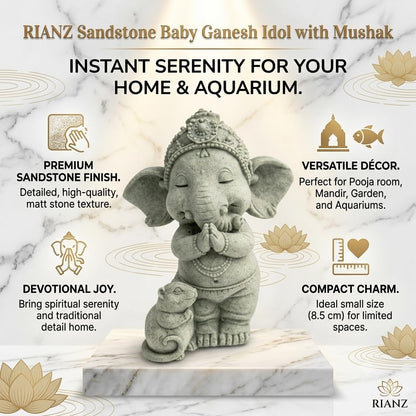 Sandstone Baby Ganesh Idol with Mushak for Home & Garden