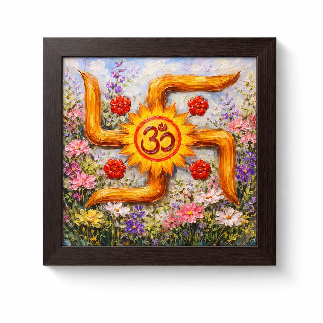 Swastik Om Floral Vastu Sacred Hindu Spiritual Mandir Religious Auspicious Traditional Indian Framed Poster Artwork Decor Painting