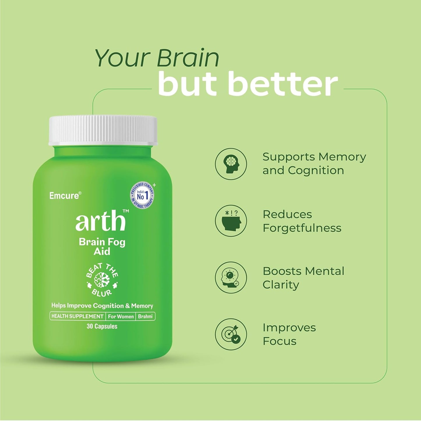 Arth Brain Fog Support | Brain Booster Supplement for Women | Helps Improve Cognition, Focus, Concentration, and Memory; Reduces Stress & Anxiety | Formulated with a highly potent Brahmi tablet featuring Brahmi extract (B-Lit Bacopa) (30 Veg Capsules)