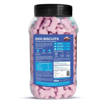 Petoska Chicken & Mixed Berries Dog Biscuits for Small, Medium & Large Breeds|500g Jar| Real Chicken & Berry Blend Treats | Crunchy Dog Food Biscuits