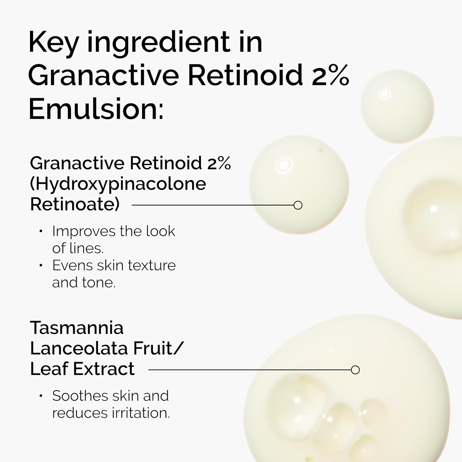 Granactive Retinoid 2% Emulsion ingredients with pearls on a white background