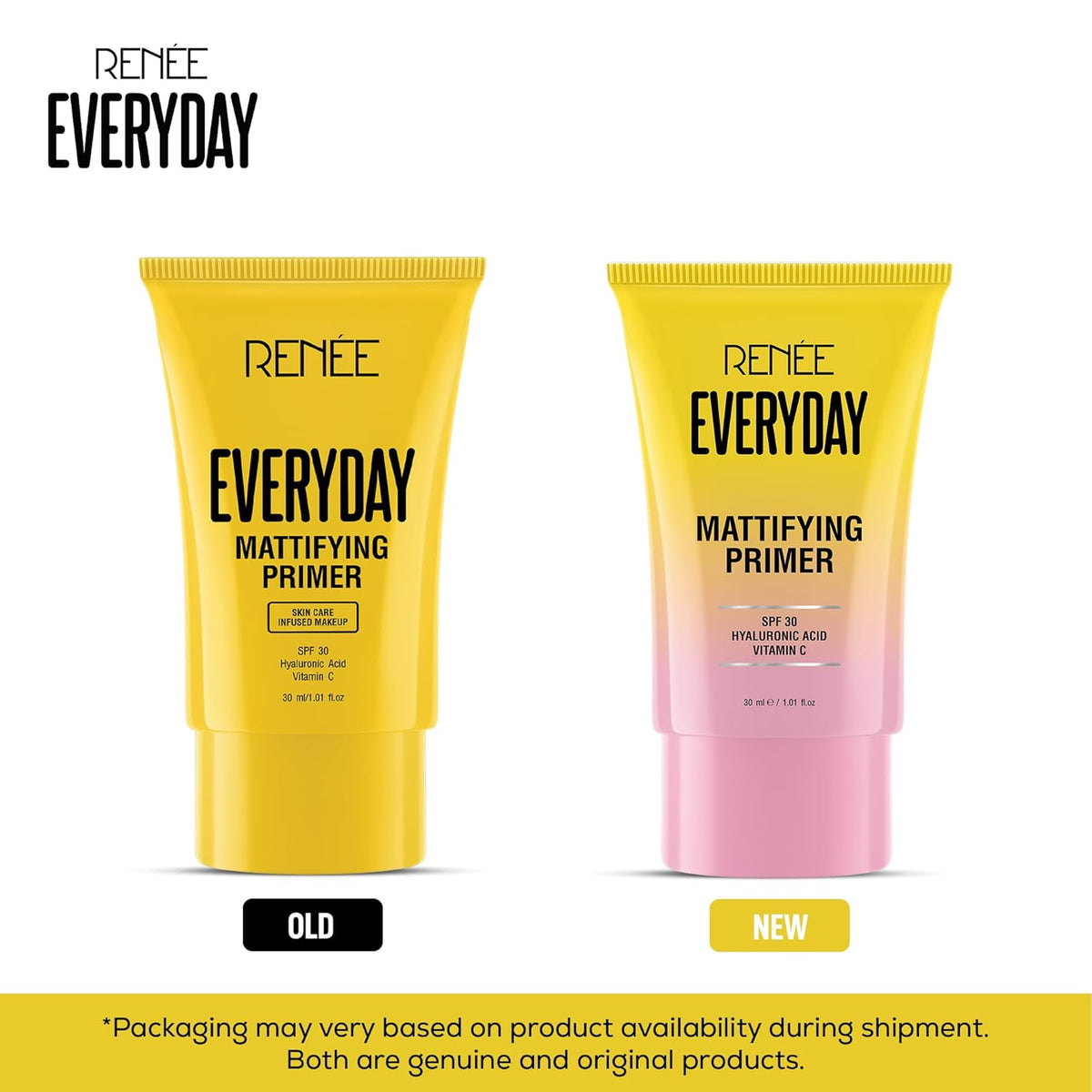 Two tubes of 'RENEE EVERYDAY Mattifying Primer' with a yellow to pink gradient, labeled 'Old' and 'New'.