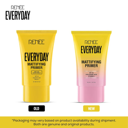 Two tubes of 'RENEE EVERYDAY Mattifying Primer' with a yellow to pink gradient, labeled 'Old' and 'New'.
