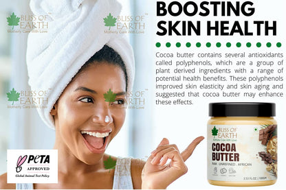 Bliss of Earth African Cocoa Butter, Rich in Fatty Acids and Antioxidants, Raw Cocoa Chocolate Butter, Vegan, PETA Approved, Moisturizes, Prevents Stretch Marks, Anti-Aging, 100 g,