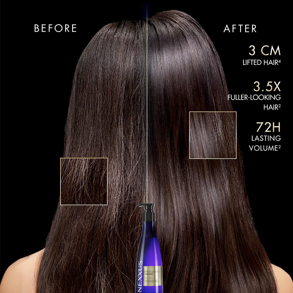 Before and after comparison of hair lift with a bottle of L'Oreal product.
