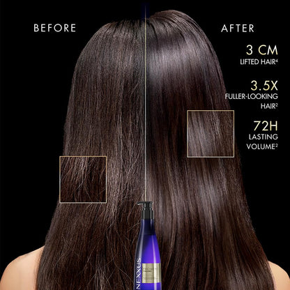 Before and after comparison of hair lift with a bottle of L'Oreal product.