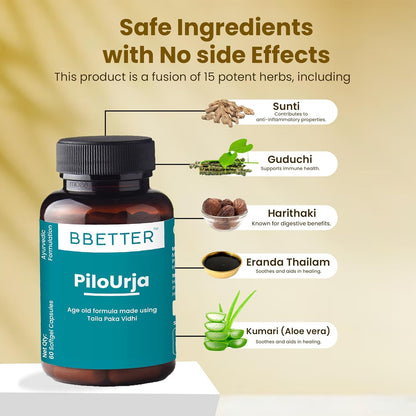 BBETTER PiloUrja - Lab Tested Ayurvedic Medicine for Relief from Piles Pain, Burning & Itching | Made by Taila Paka Vidhi Method | 60 Softgels