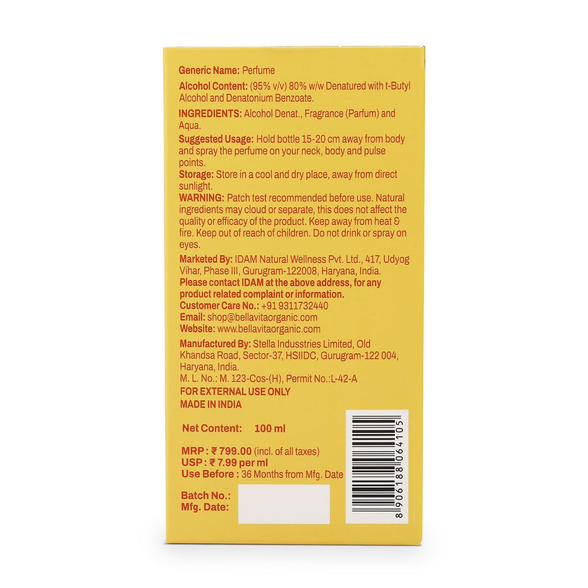 Back label of a perfume bottle with text and product details on a white background