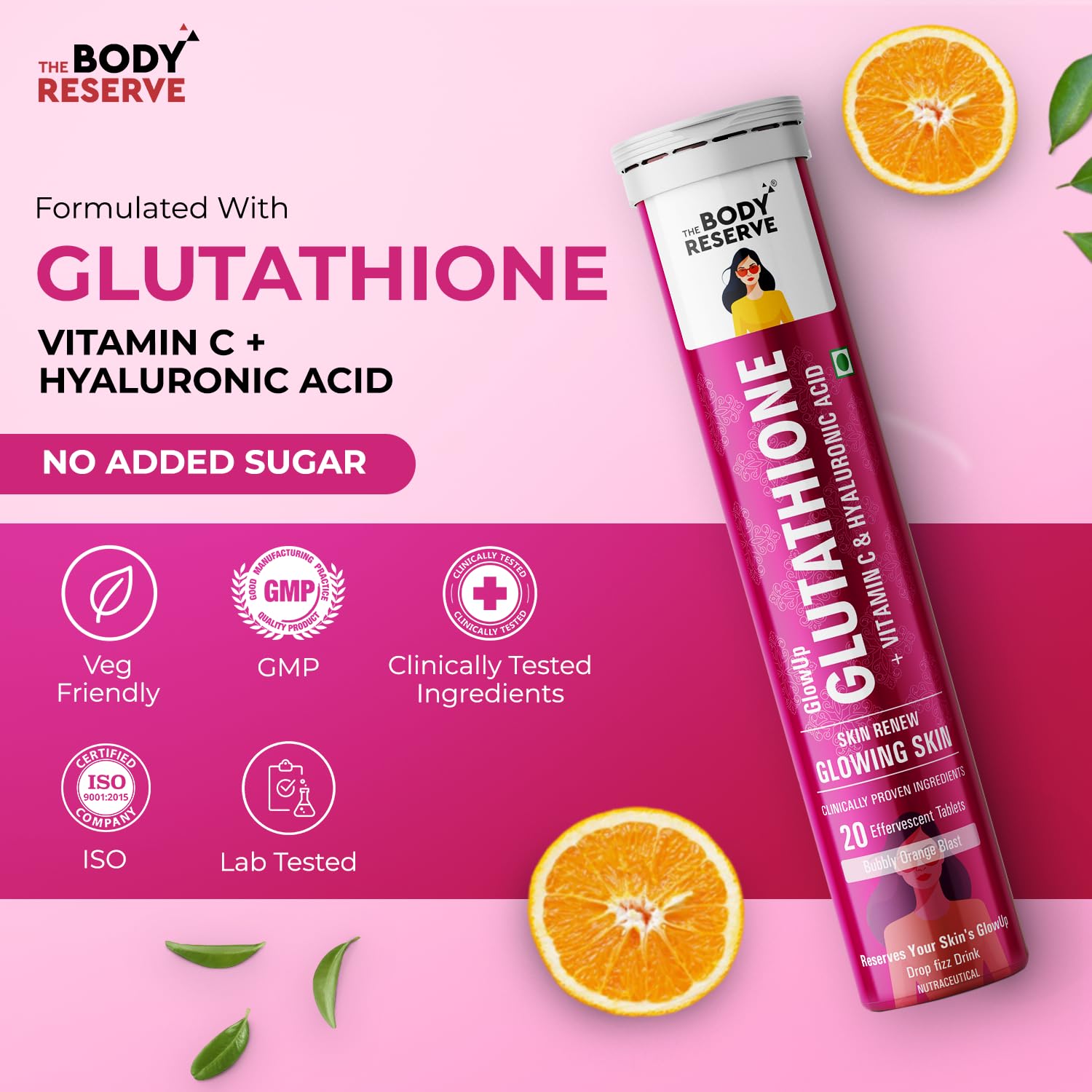 The Body Reserve Glutathione supplement with oranges and green leaves on a pink background