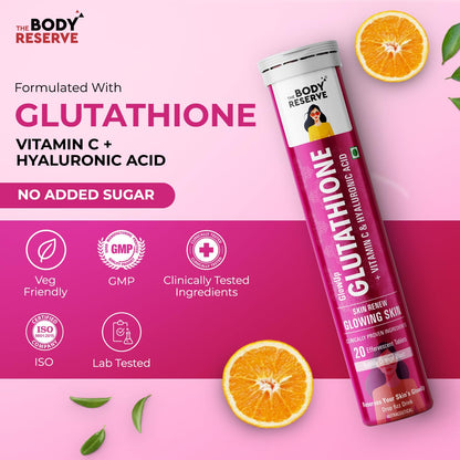 The Body Reserve Glutathione supplement with oranges and green leaves on a pink background