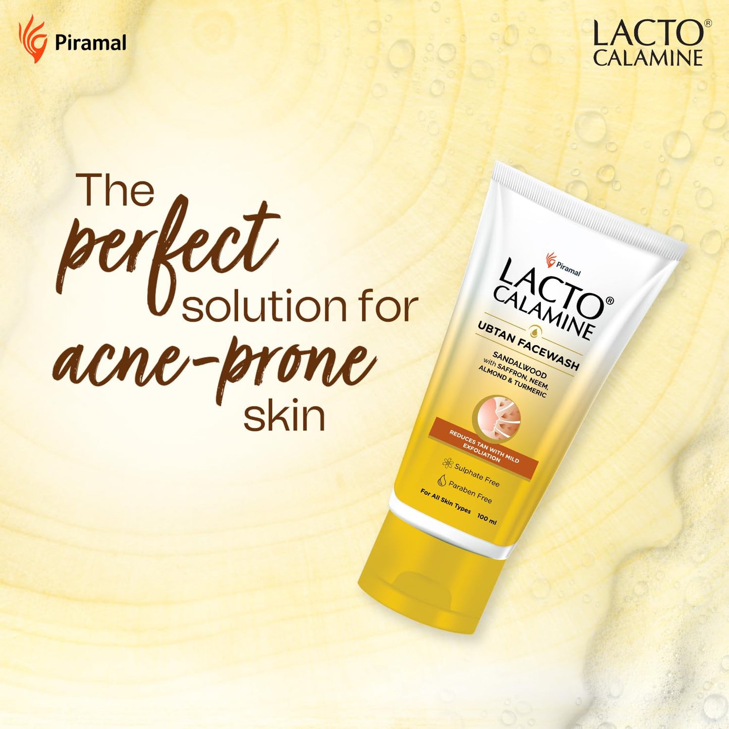 Lacto Calamine Ubtan Face Wash for Glowing Skin | Natural Face Wash with Sandalwood, Saffron, Neem, Almond & Turmeric | Exfoliating Facewash reduces Tan | Sulphate, Paraben Free | 100 ml Pack of 1