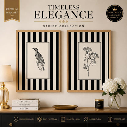 Set of 2 Wooden Framed Wall Paintings, 13x19 Inches, Black & White Botanical & Bird Illustration Art for Living Room, Bedroom, Office & Hall