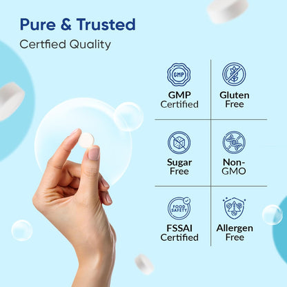 Hand holding a product with certification icons on a blue background