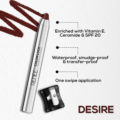 RENEE Colorlock Transfer Not Lip Crayon with Sharpener, SPF 20, Waterproof, Smudgeproof, Lightweight & Long Lasting, Intense Color Payoff with Ultra Matte Finish, Enriched with Vitamin E, Desire 3gm
