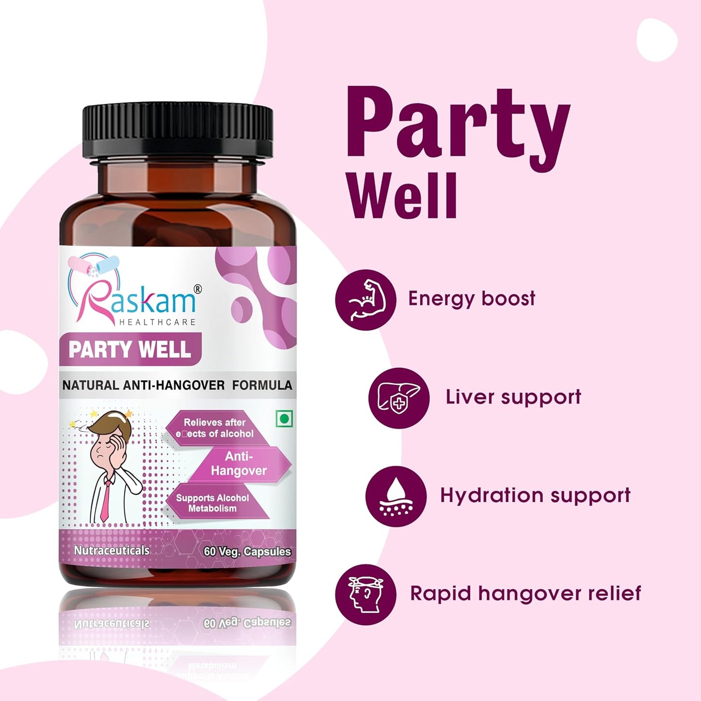 Raskam Party Well supplement bottle with pink background and text highlighting benefits