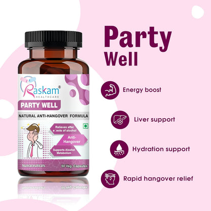 Raskam Party Well supplement bottle with pink background and text highlighting benefits