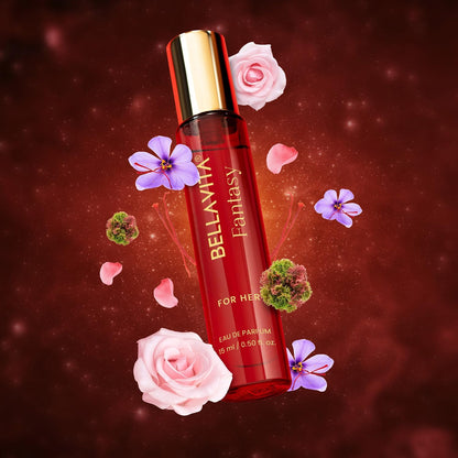 Red perfume bottle with gold cap labeled 'BELLAMIX Fantasy' surrounded by flowers on a red background