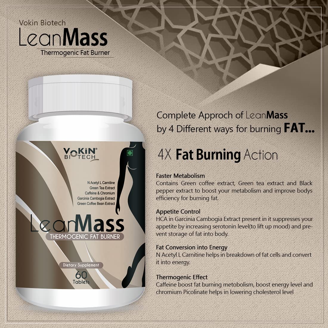 LeanMass thermogenic fat burner supplement bottle with product details on a beige background