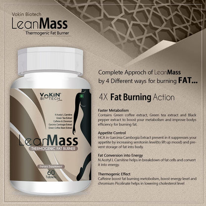 LeanMass thermogenic fat burner supplement bottle with product details on a beige background