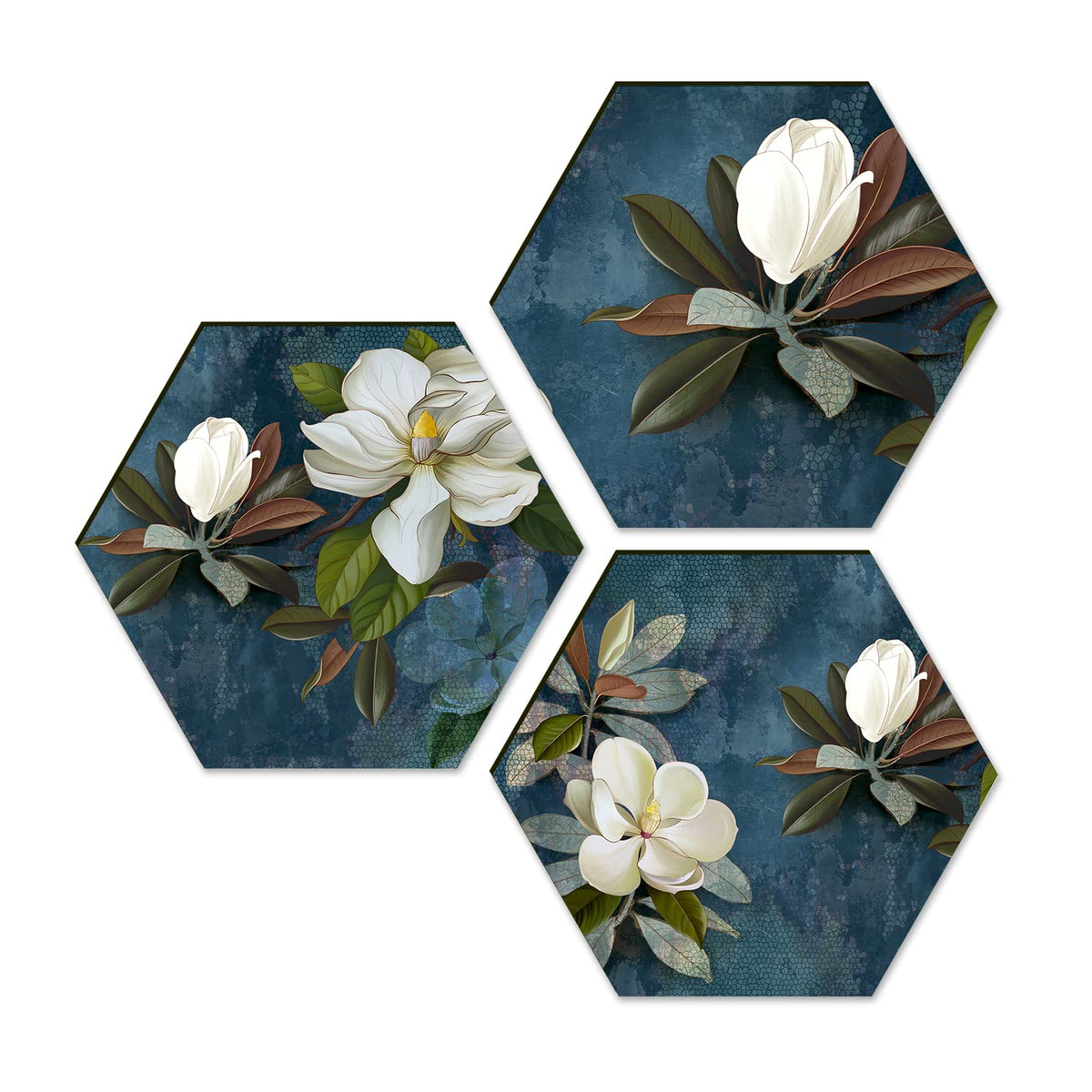 Floral Wall Painting For Living Room Hexagonal Set of 3 (E)
