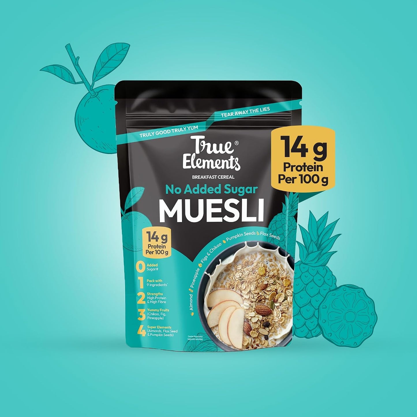 True Elements Muesli Sugar Free 1.2 kg - 100% Wholegrain Muesli | No Added Sugar | Diet Food for Weight Management | Healthy and Quick Breakfast | Millet Muesli - 18% Jowar | HIgh Protein