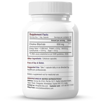 Biotrex Nutraceuticals Choline Bitartrate 650mg Supplement | High Purity Grade | Healthy Brain, Liver, Heart, Nervous System & Cognitive Function - 60 Veg Capsules