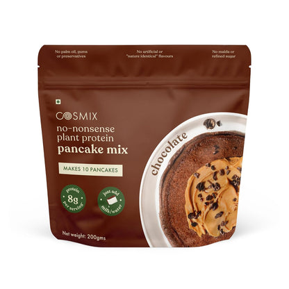 Cosmix chocolate pancake mix packaging on a white background