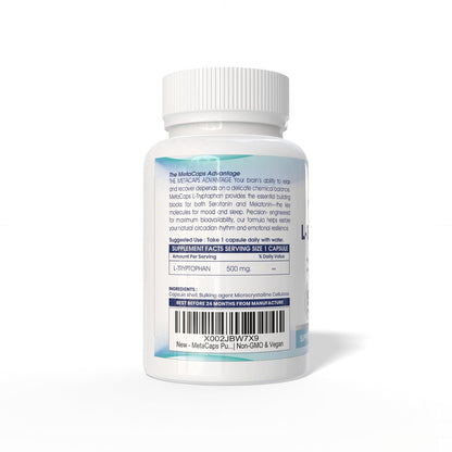 MetaCaps Pure L-Tryptophan 500mg – 90 Veg Capsules | Essential Amino Acid for Serotonin & Melatonin Support | Natural Sleep Aid & Mood Regulator | Supports Relaxation & Stress Relief | Non-GMO & Vegan