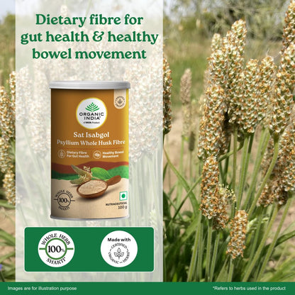 A TATA Product - Organic India Sat Isabgol Psyllium Whole Husk Powder - 100g, With Dietary Fiber, Supports Heart Health & Digestive System, Gluten Free, Non-GMO Project Verified, NPOP & USDA Certified