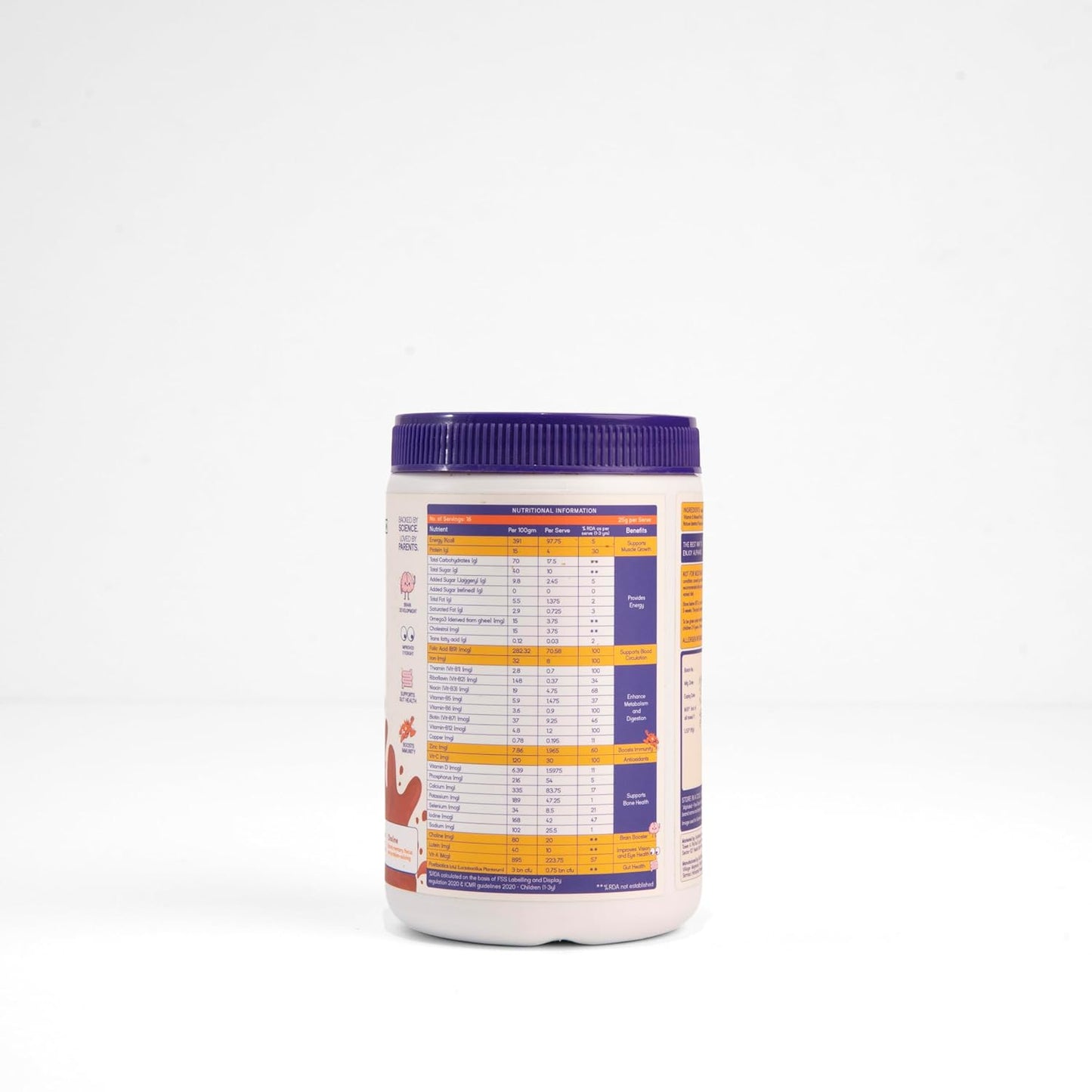 Nutritional supplement container with label on a white background