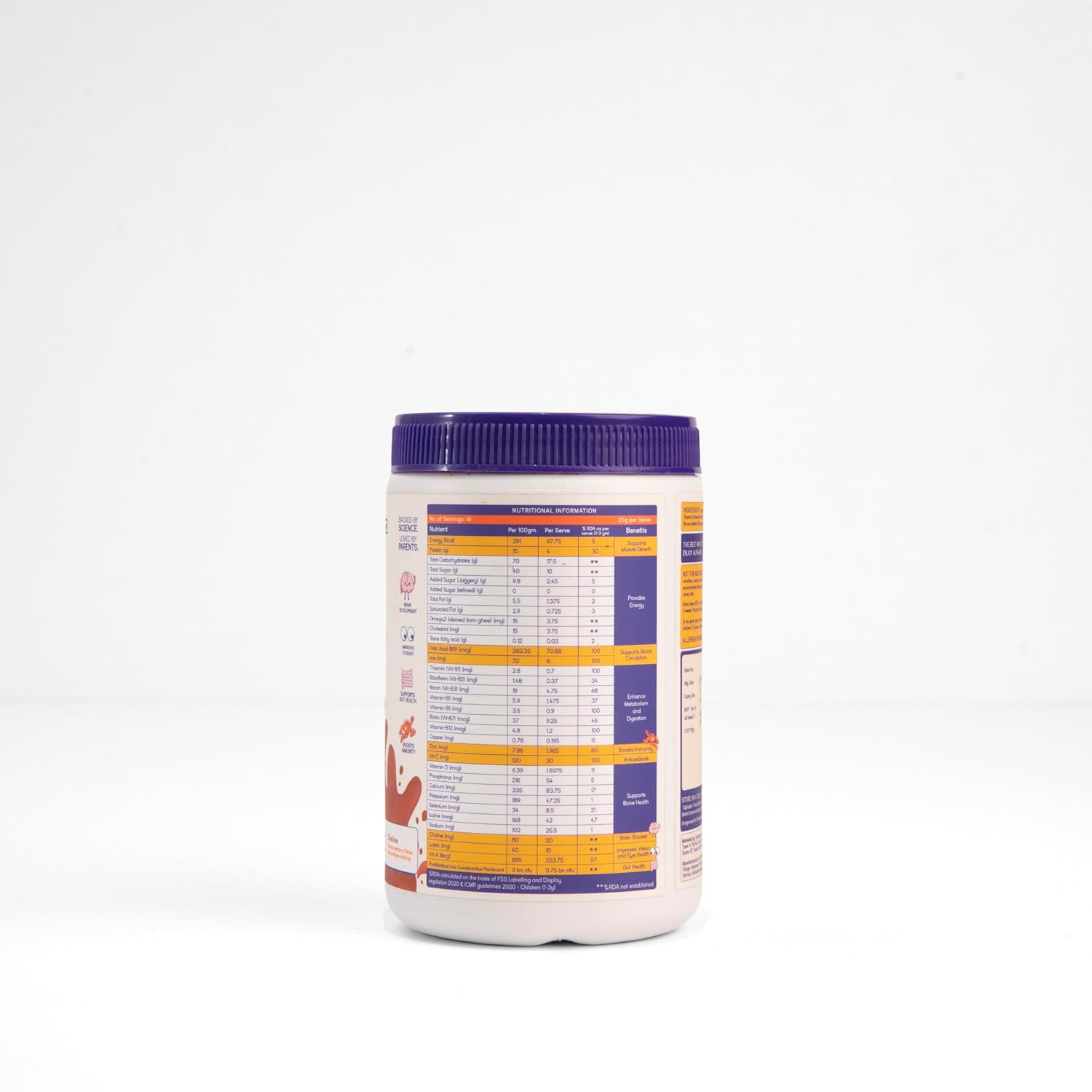 Nutritional supplement container with label on a white background
