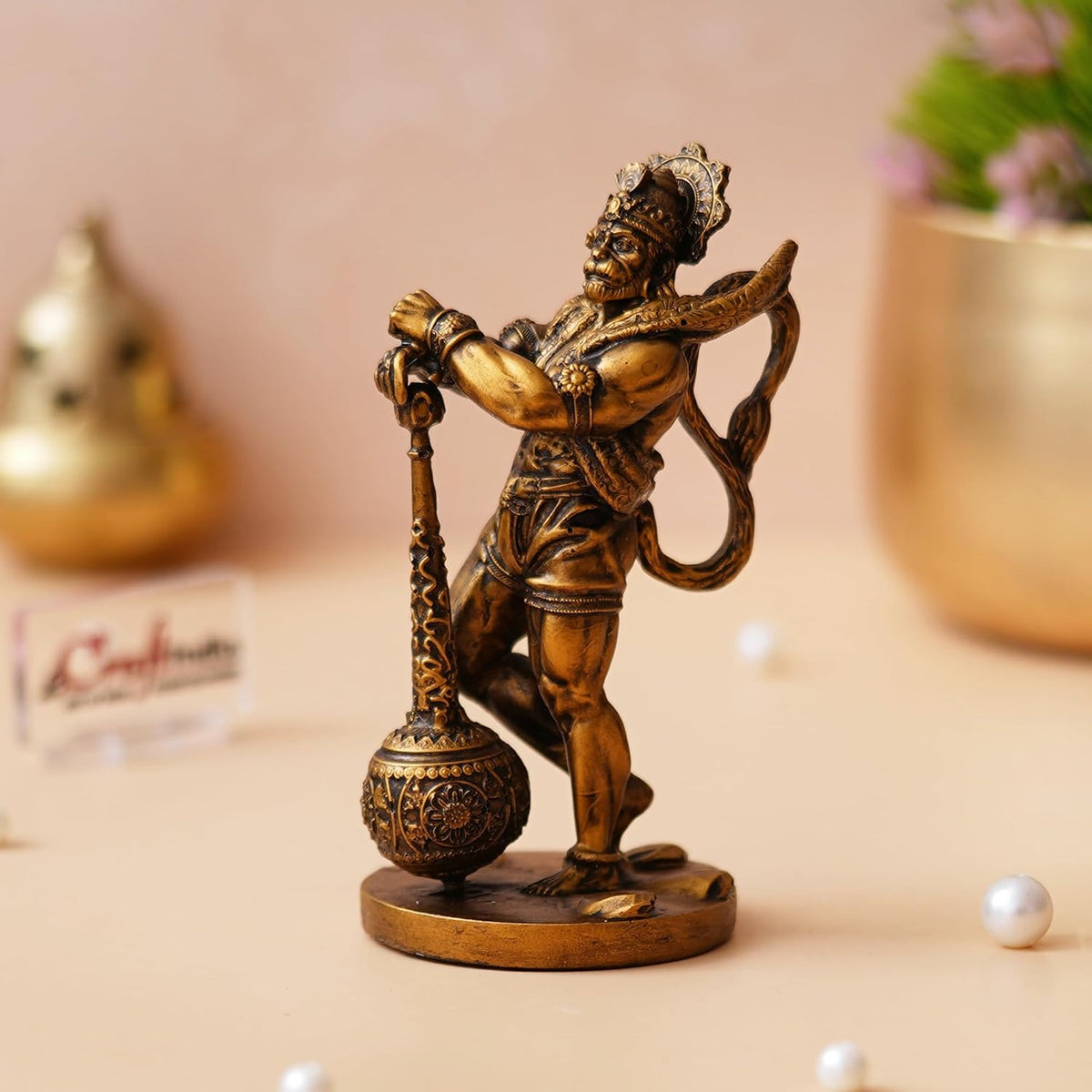 Golden Resin Hanuman Ji Murti with Gada | Lord Hanuman Idol for Car Dashboard Home Office Hanuman Statue Hanuman Murti Gift for Diwali Hanuman Jayanti Ram Navami Housewarming Birthday