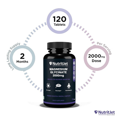 NutritJet Magnesium Glycinate Supplement 2000mg – 120 Veg Tablets | Magnesium Supplement For Sleep, Cramps, Recovery, Nerve & Muscle Function