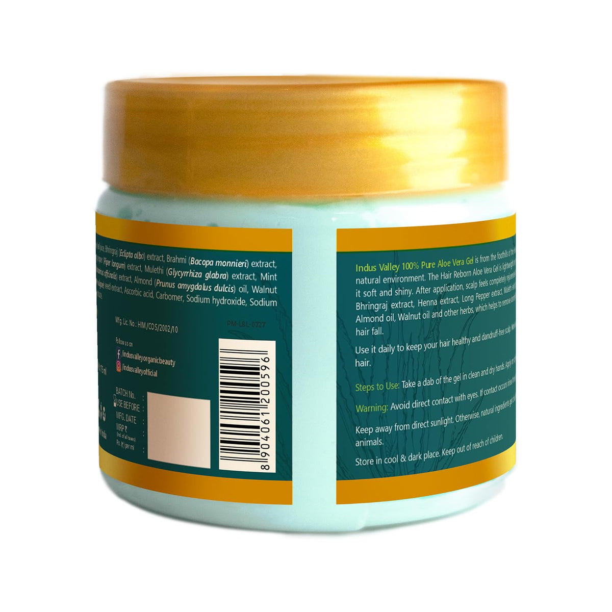 Back view of a jar with a gold lid and label on a white background