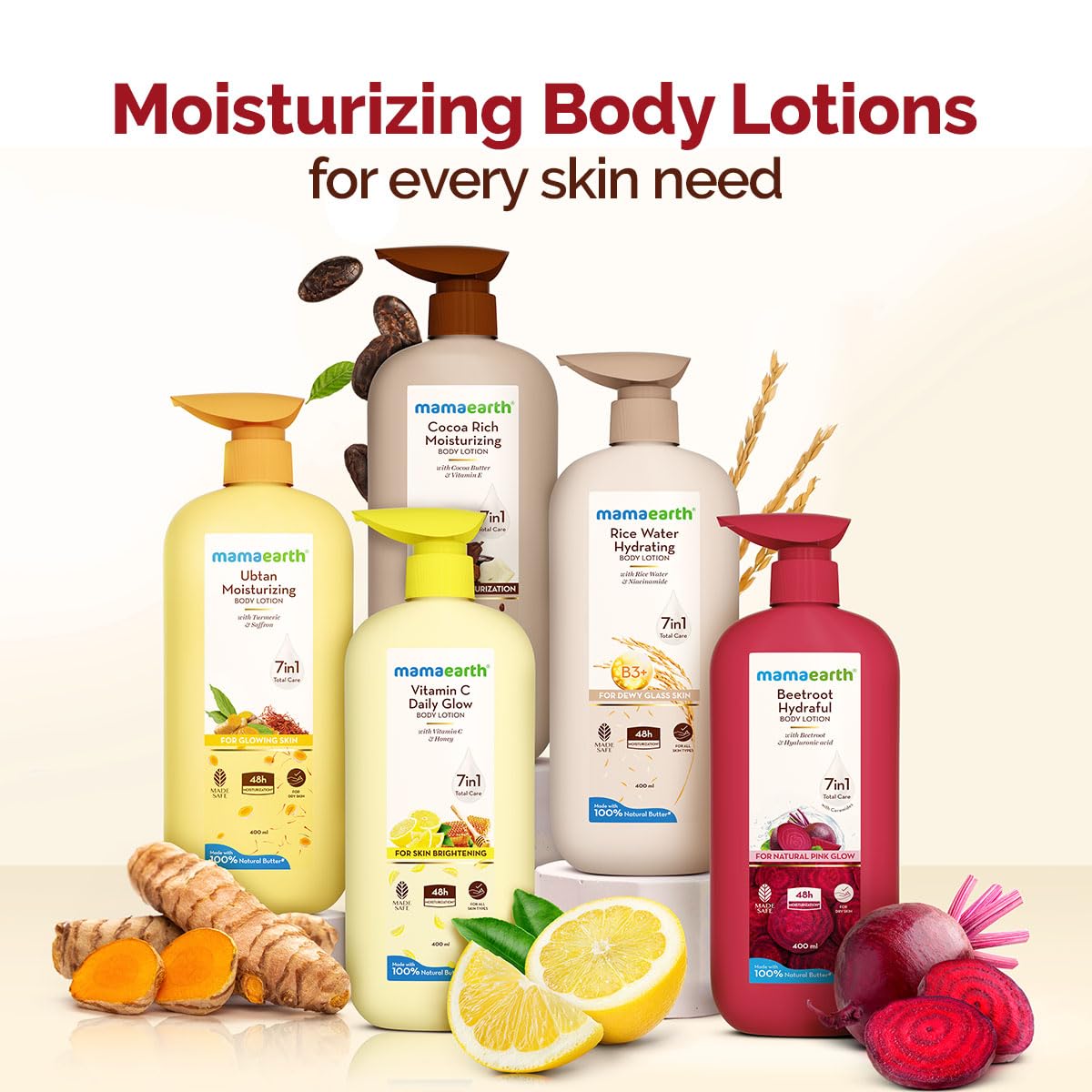 Mamaearth Beetroot Hydraful Body Lotion with Beetroot & Hyaluronic Acid & for Natural Pink Glow - 400 ml Beetroot + Hyaluronic Acid for Deep Hydration | 48 hrs* Moisturization & Barrier Repair | Alcohol & Petrolatum free | Made Safe Approved
