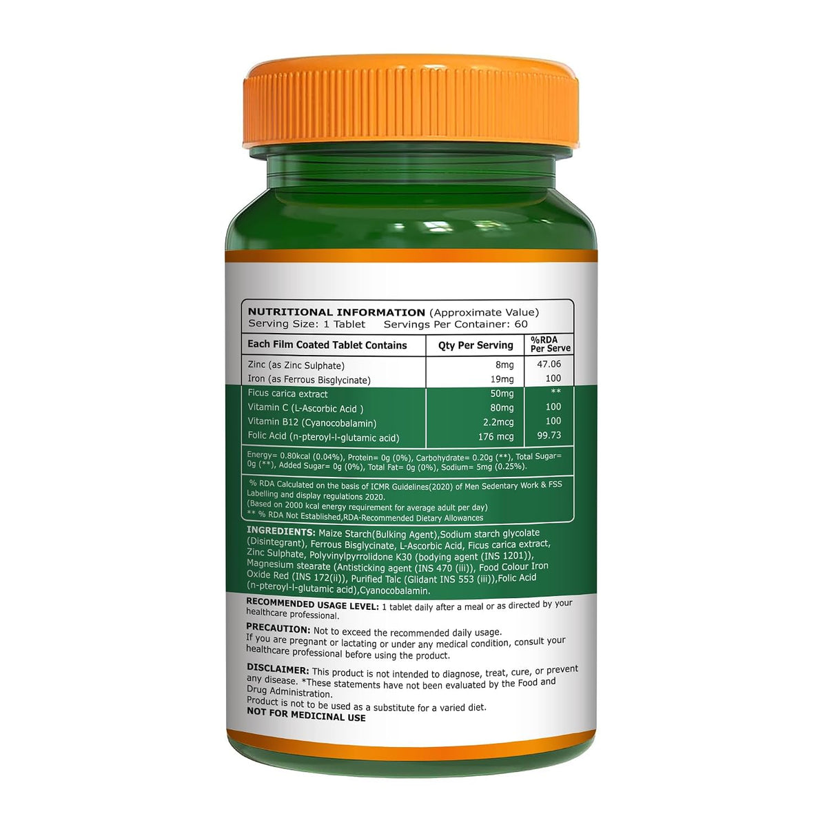 Pure Nutrition Chelated Iron Supplement for Women and Men | Folic Acid Tablets for Pregnancy | Hemoglobin Booster & Maintains Irons Level | with Zinc, Vitamin C & Vitamin B12 - 60 Veg Tablets for Hair Growth with Iron Bisglycinate