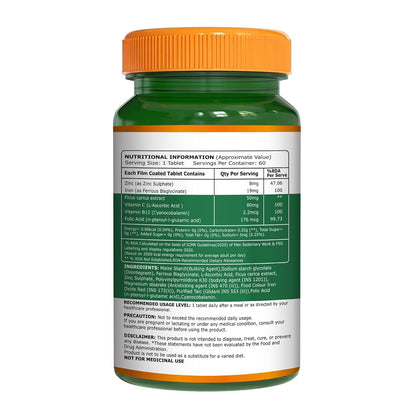 Pure Nutrition Chelated Iron Supplement for Women and Men | Folic Acid Tablets for Pregnancy | Hemoglobin Booster & Maintains Irons Level | with Zinc, Vitamin C & Vitamin B12 - 60 Veg Tablets for Hair Growth with Iron Bisglycinate