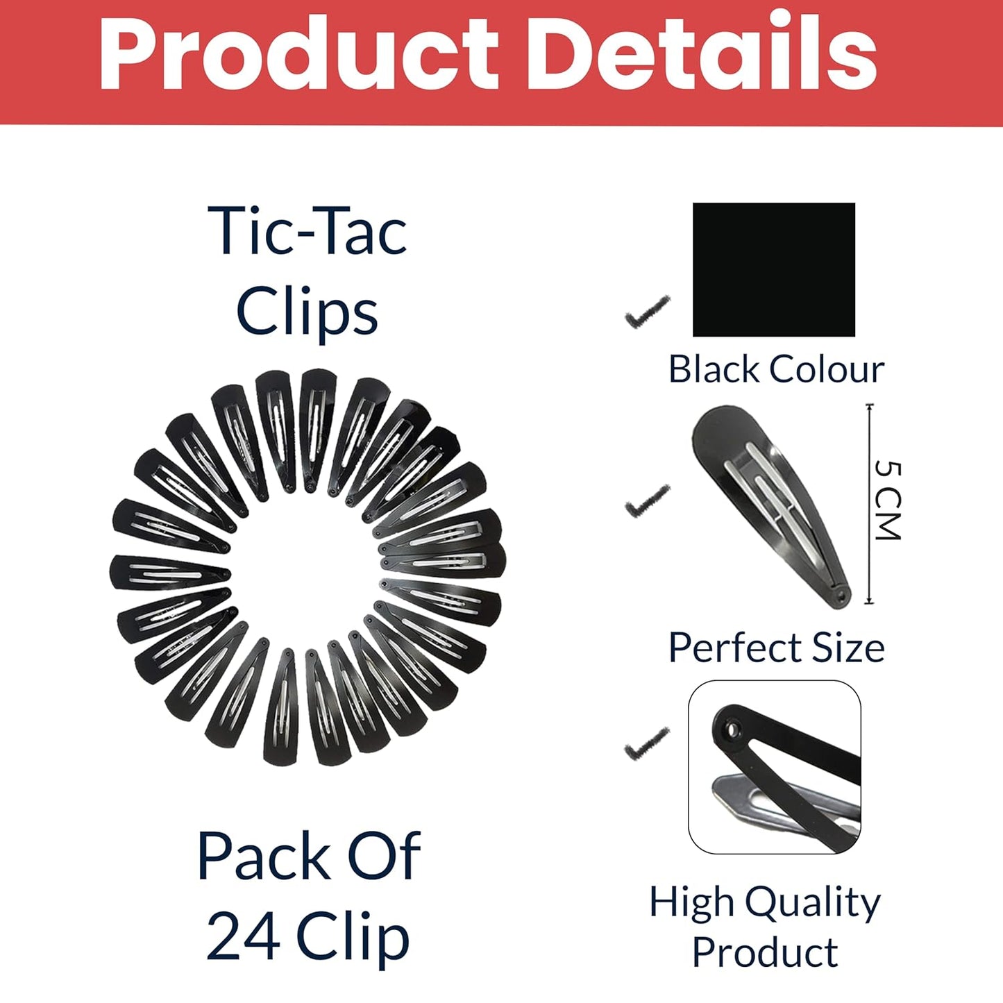 TEMPERIA Tic Tac Hair Clips for Girls (Pack of 24pcs) (5cm) (Matte Black) - Tik Tak Pins for Women