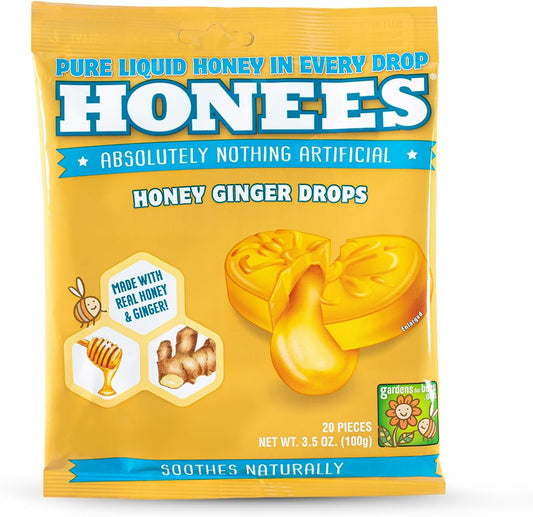 Honees Filled Honey Ginger Drops, Natural Cough Drops- Pure Ginger Sore Throat Relief - Nothing Artificial -Throat Coat Lozenges, Natural Cough Suppressant, Non-GMO, Gluten Free (1 Pack – 20 Drops)