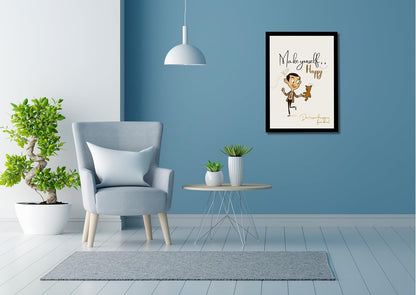 Make Yourself Happy Wall Art Frame | Positive Quote Artwork with Cartoon Man & Teddy | Self Happiness Motivational Poster | Ready to Hang Frame for Bedroom Living Room & Office Decor