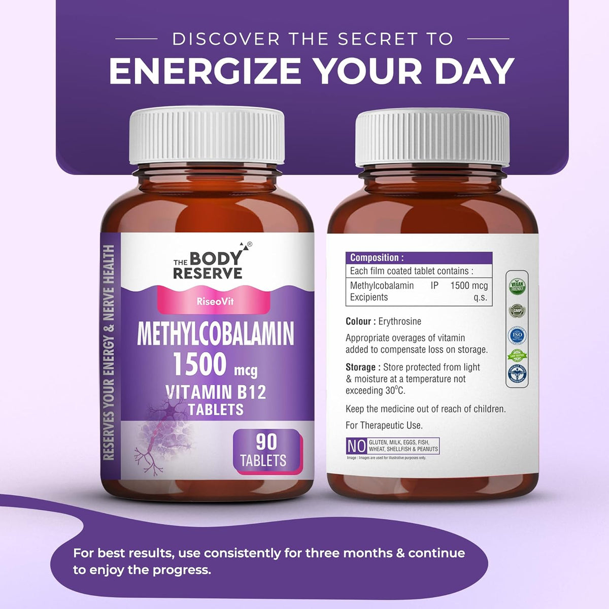 Two bottles of The Body Reserve Methylcobalamin Vitamin B12 tablets on a purple background with promotional text.