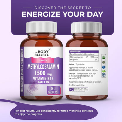Two bottles of The Body Reserve Methylcobalamin Vitamin B12 tablets on a purple background with promotional text.