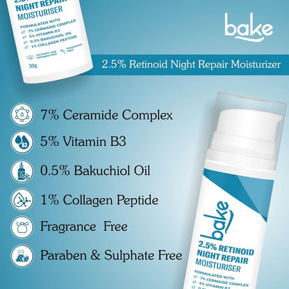 BAKE Retinol Night Cream with 2.5% Retinoid & Bakuchiol Oil for Anti Ageing, Fine Lines & Wrinkles | Retinol Night Repair Moisturizer | Lightweight, Non Sticky & Fragrance Free | All Skin Types | 30g