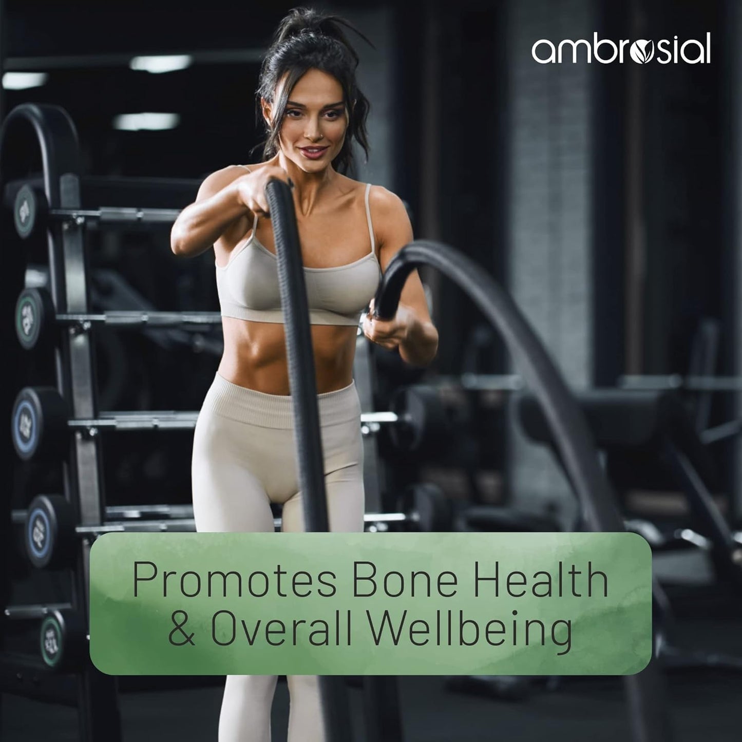 Woman exercising with resistance bands in a gym setting, promoting bone health and overall wellbeing.