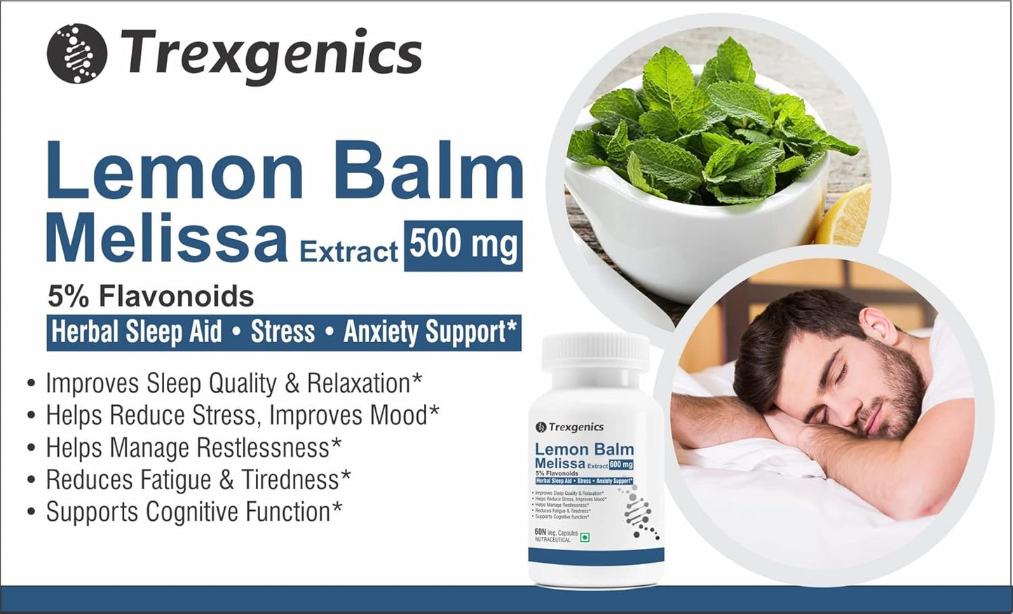 Trexgenics LEMON BALM 5% Flavonoids 500 mg Sleep, Relaxation, Mood Support VEGAN & NON-GMO (60 Veg. Capsules) (Pack of 1)