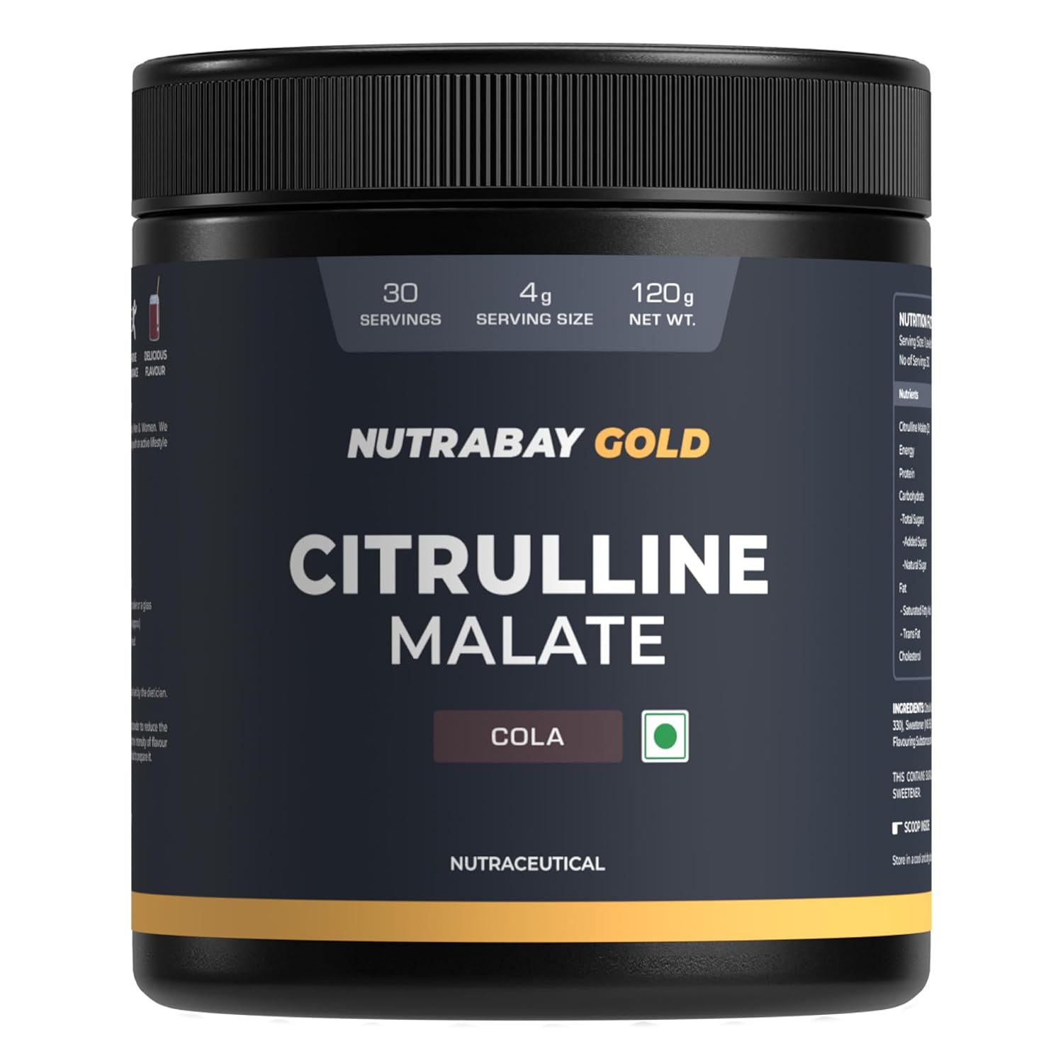 Nutrabay Gold Citrulline Malate supplement container with black lid and label.