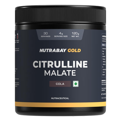 Nutrabay Gold Citrulline Malate supplement container with black lid and label.